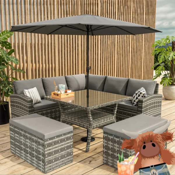 Rosen 9 Seater Rattan Garden Furniture Cube Dining Set With Parasol In Grey