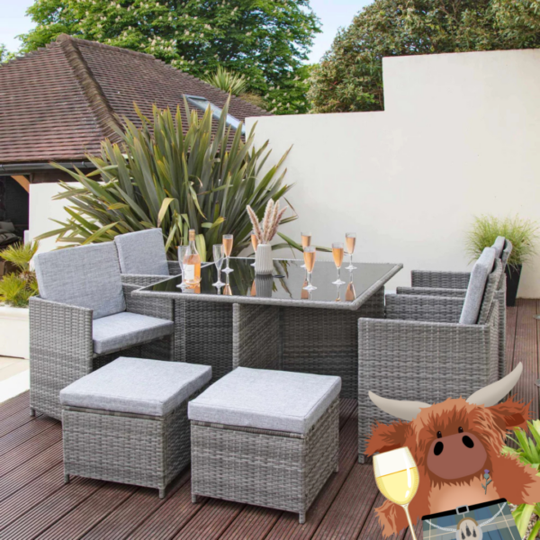 8 Seater Rattan Cube Outdoor Dining Set - Grey Weave with Grey Cushions