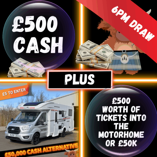 Double Bubble WIN £500 Quick CASH PLUS £500 Worth of Tickets into Motorhome or £50,000 CASH Main Draw #2
