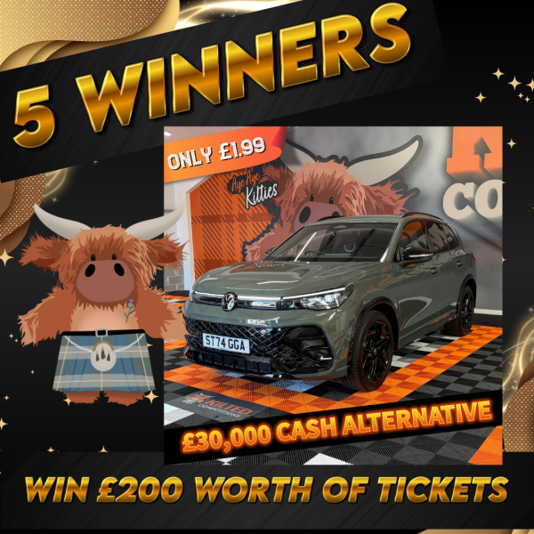 5 Winners Each Winning £200 Worth of Tickets into the Stunning VW Tiguan or £30,000 CASH Main Draw