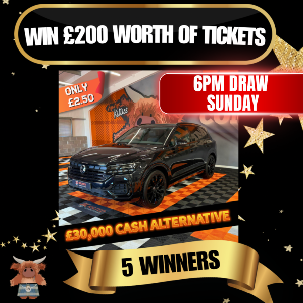 5 Winners Each Winning £200 Worth of Tickets into the Stunning VW Touareg or £30,000 CASH Main Draw