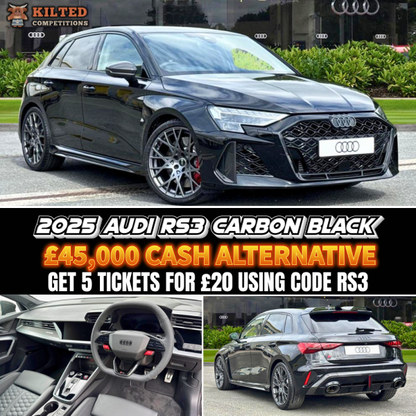 WIN This 2025 Audi RS3 Carbon Black – or £45,000 Cash = Get 5 tickets for £20 - Use code RS3