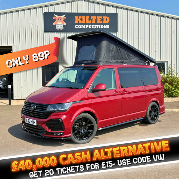 Win this Stunning Spec 2023 VWTransporter Campervan Or £40,000 Cash for Only 89p! - Get 20 tickets for £15 - Use code VW