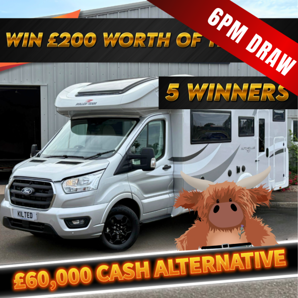 5 Winners Each Winning £200 Worth of Tickets into the Motorhome or £60,000 CASH Main Draw