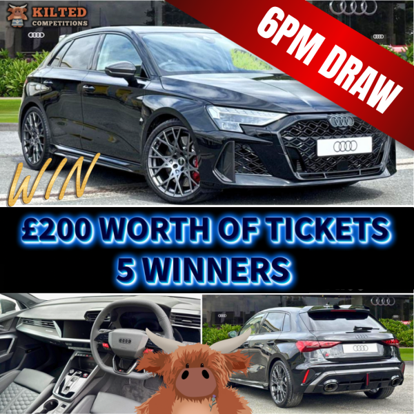 5 Winners Each Winning £200 Worth of Tickets into the AUDI RS3 or £45,000 CASH Main Draw